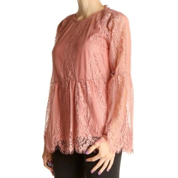 ULTRA Pink Solid Pink 100% Lace Peplum-Waist Lined Long Bell Sleeve Blouse NWT L - Picture 1 of 10